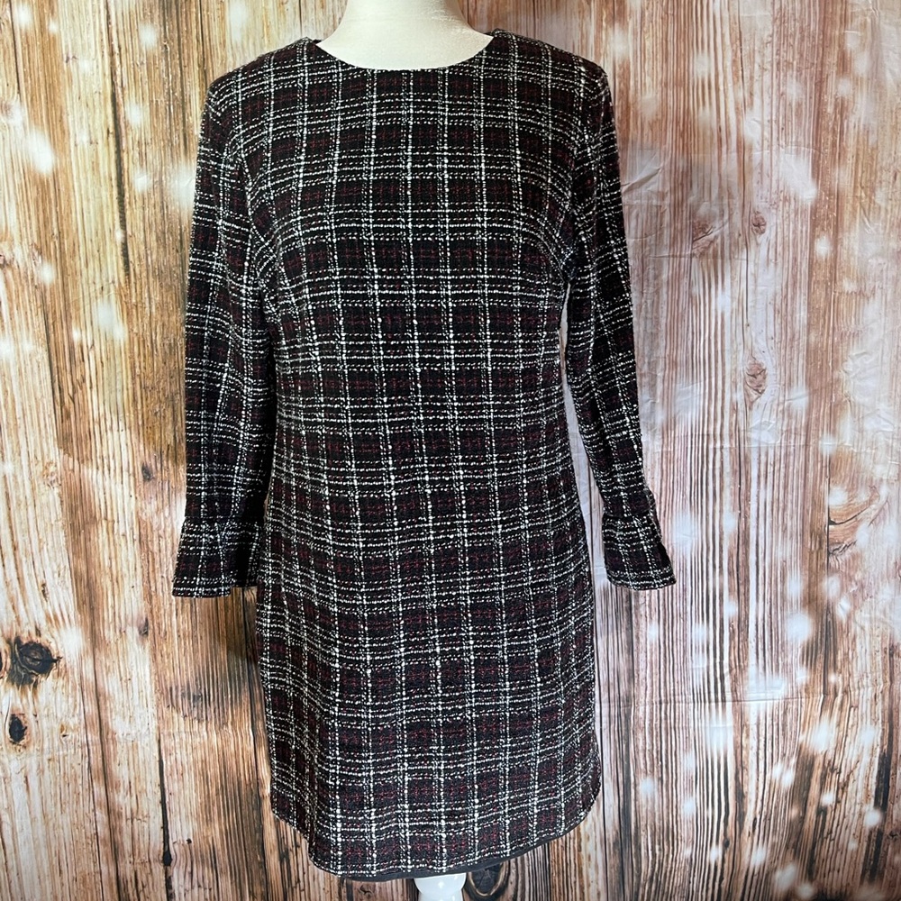 Charlie Paige Sm Plaid black Tweed Belle Sleeves dress Aline office work wear